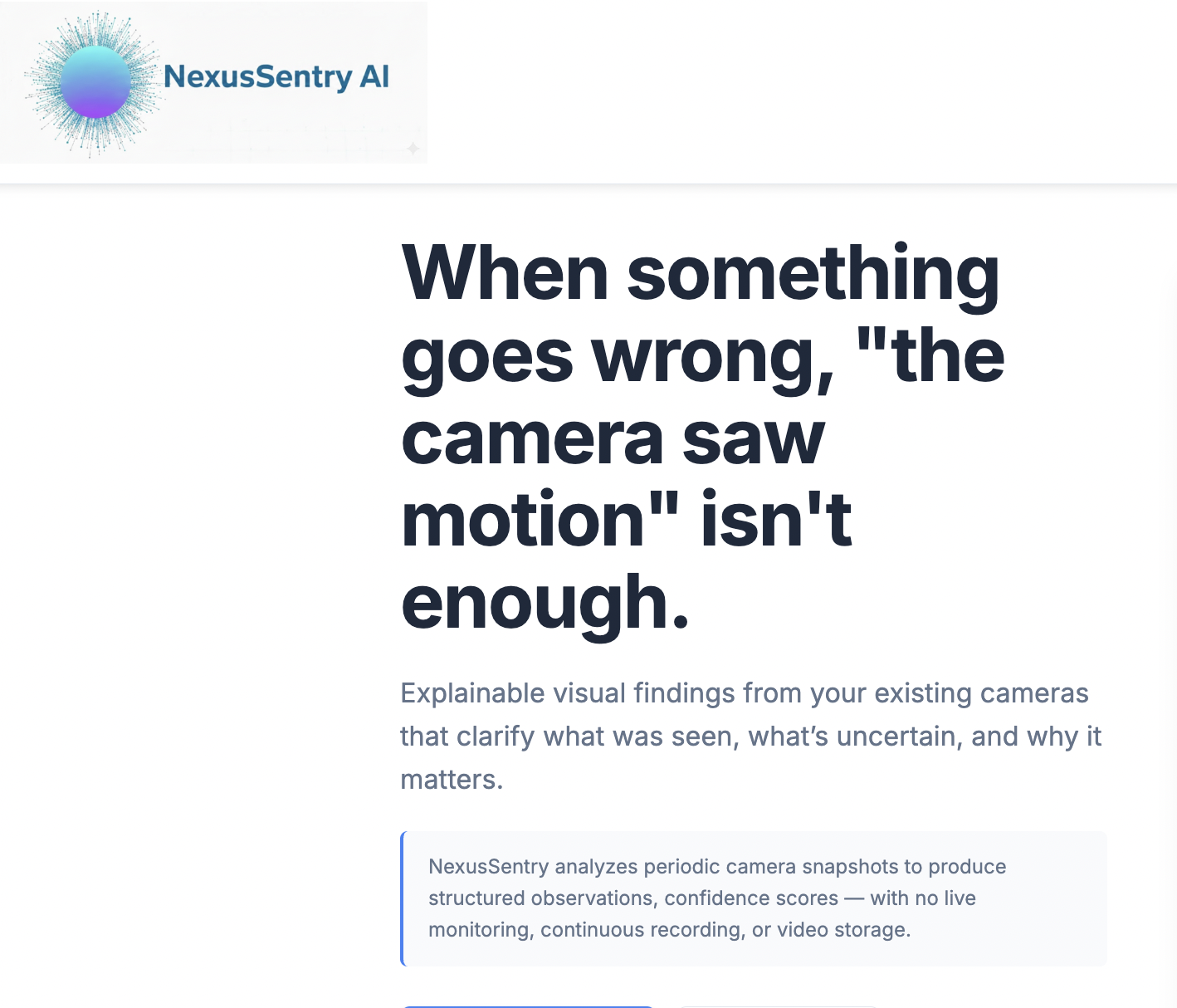 NexusSentry AI — Camera Intelligence - Main product screenshot demonstrating key features and user interface