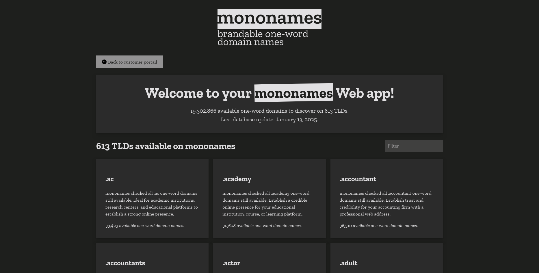 Mídia 1 de Mononames Web App - Maior fonte de domínios de uma palavra disponíveis para startups