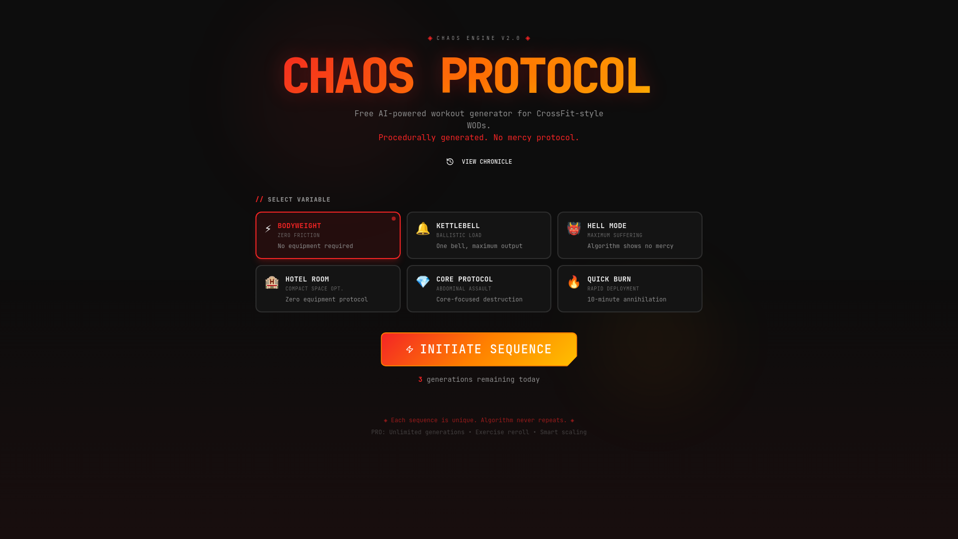 CHAOS ENGINE – No-Mercy AI Workouts - Screenshot 2 showing product features and functionality