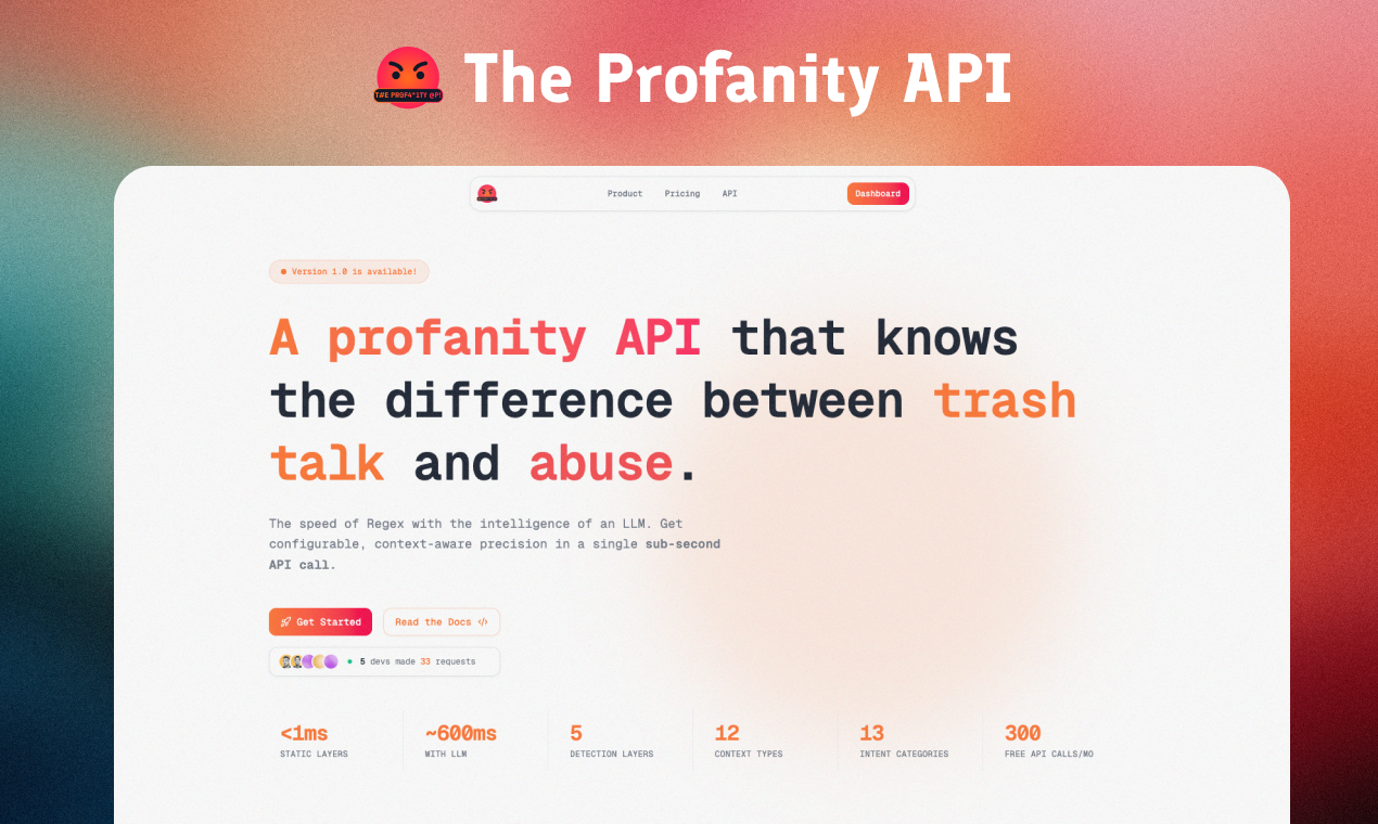 The Profanity API - Main product screenshot demonstrating key features and user interface