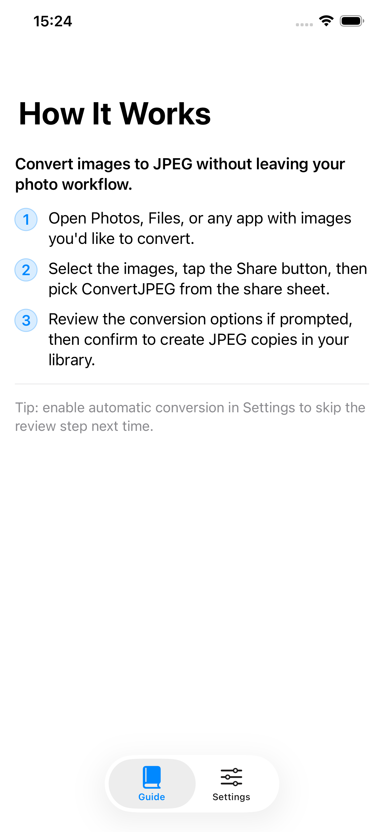 Simplest JPEG converter - Main screenshot showing features and interface