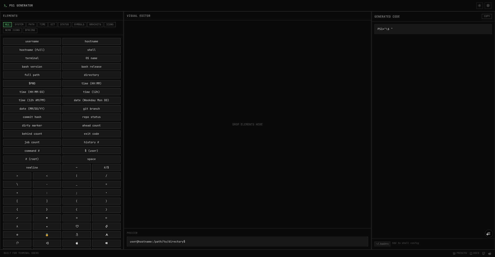 Minimalist Bash Prompt Generator - Main product screenshot demonstrating key features and user interface