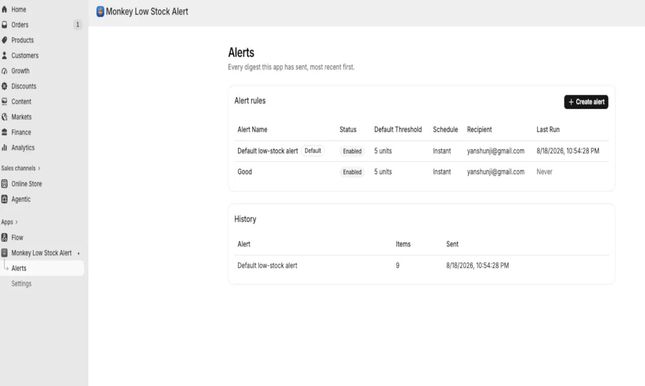 Low Stock Alert - Shopify App  gallery image