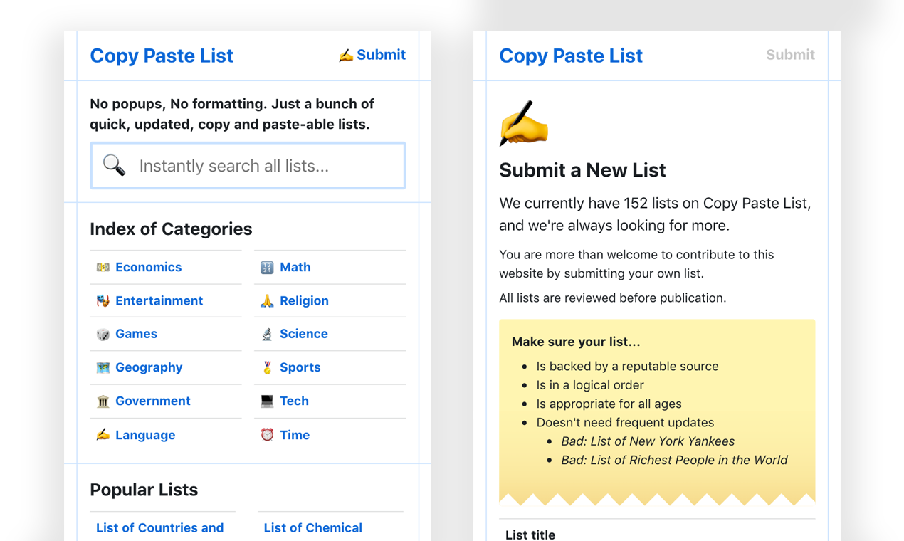 Copy Paste List - Quick, unformatted, copy and paste-able lists of