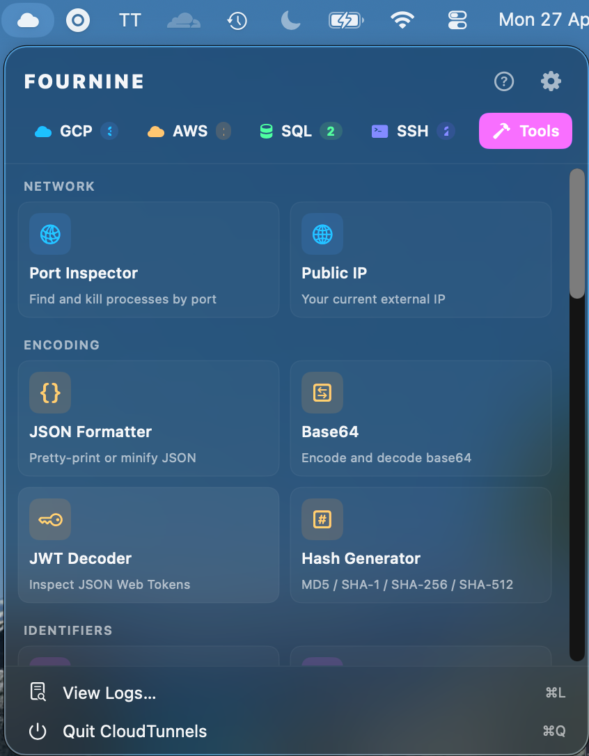 CloudTunnels-One menu bar. Every tunnel. gallery image