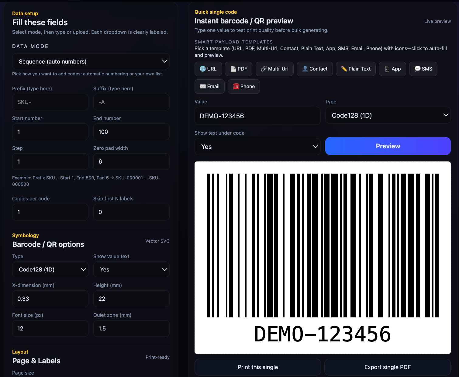 Sequence & Bulk Barcode / QR generator  - Screenshot 2 showing product features and functionality