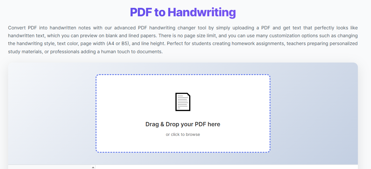 PDF to Handwriting Converter Online - Screenshot 3 showing product features and functionality