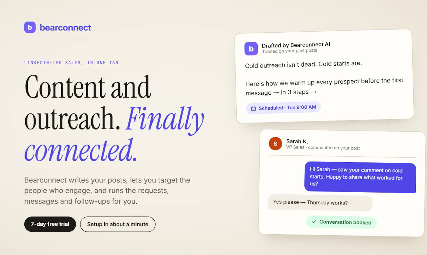 Bearconnect graphic 'Content and outreach. Finally connected.' beside a drafted LinkedIn post and a message thread