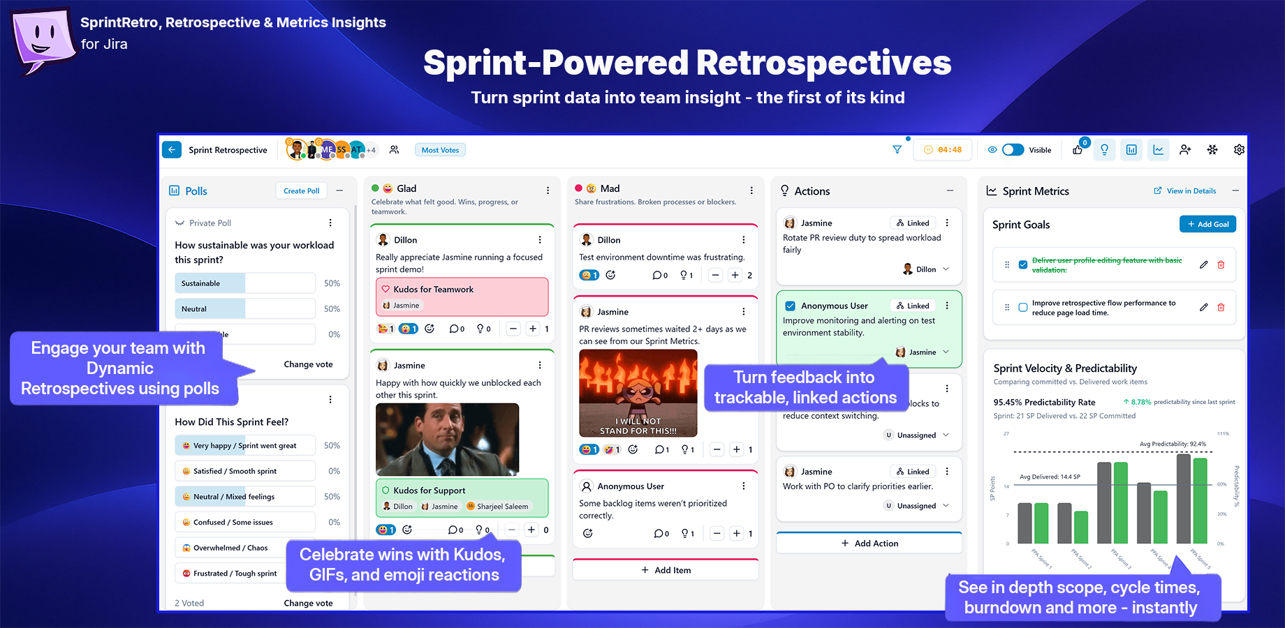 Média Sprintretro - Outil rétrospectif de sprint gratuit avec métriques Jira intégrées 3