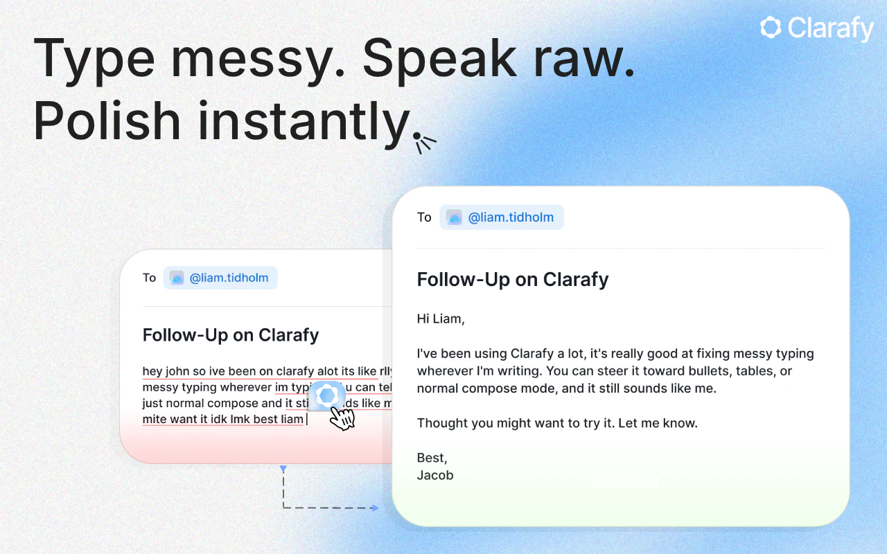 startuptile Clarafy-Type messy and have it instantly polished