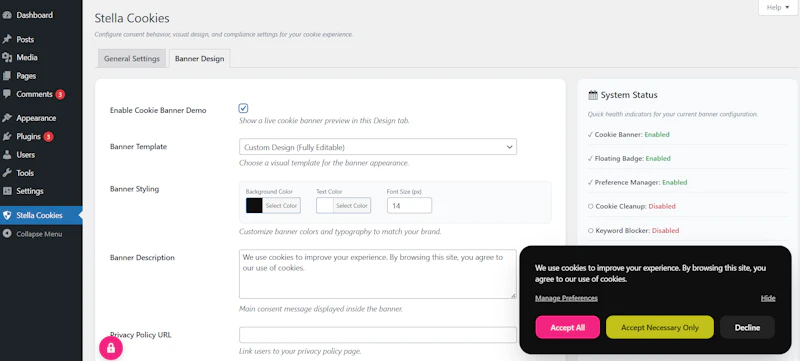 Stella Cookies: Wordpress Cookies Plugin screenshot 4