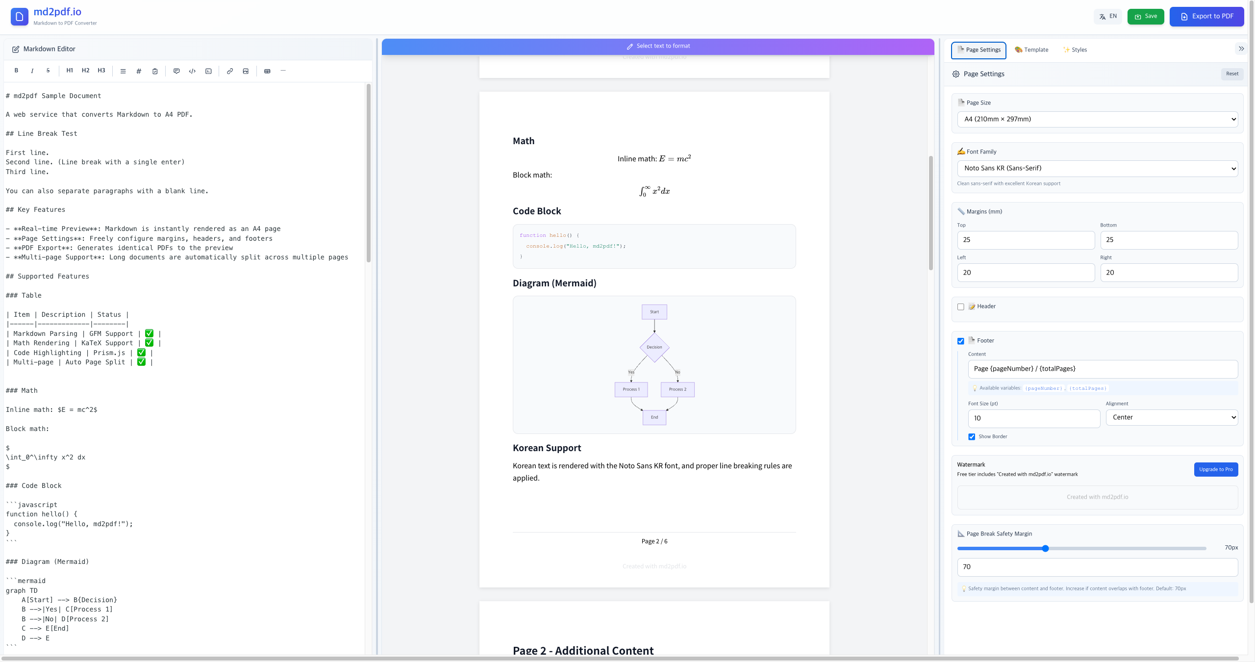 md2pdf.io - Real-time A4 Preview - Screenshot 3 showing product features and functionality