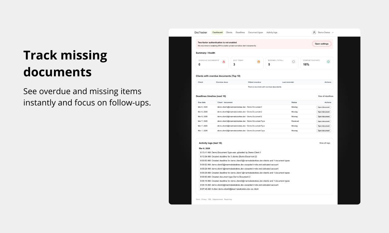 DocTracker - Main product screenshot demonstrating key features and user interface