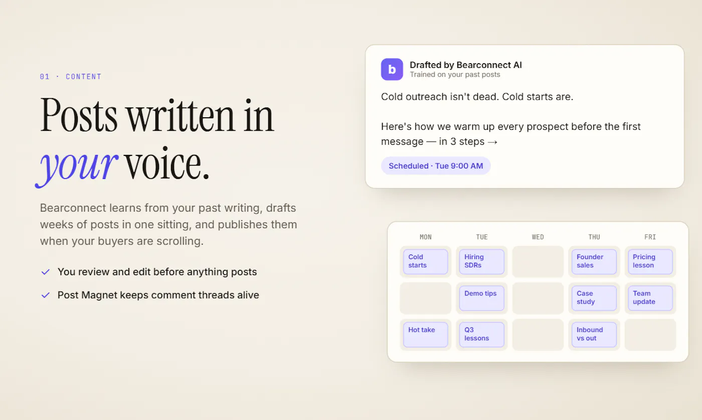 Bearconnect graphic 'Posts written in your voice' showing an AI-drafted post and a content calendar