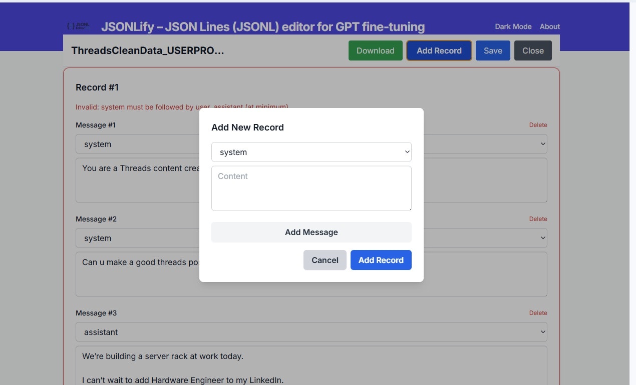 JSONLify-Jsonl Editor 4 Fine-runing GPT - Modifica e formatta i set di dati JSONL per la formazione GPT all'istante media 5