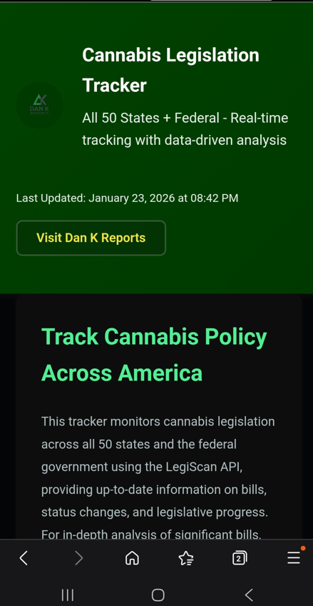 Dan K Reports - Cannabis Policy Tracker - Main product screenshot demonstrating key features and user interface