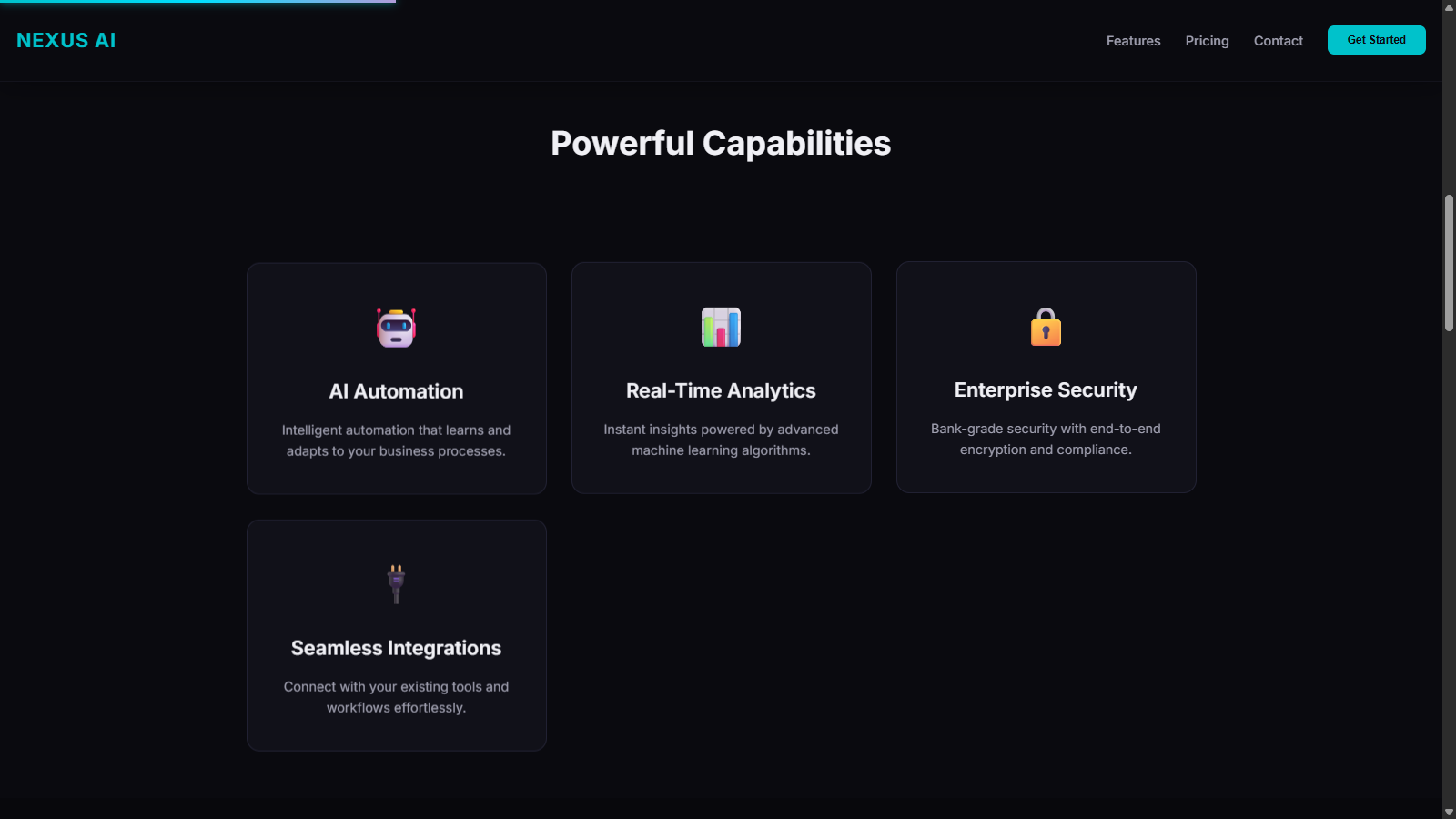 Nexus AI SaaS Landing Page - Screenshot 3 showing product features and functionality