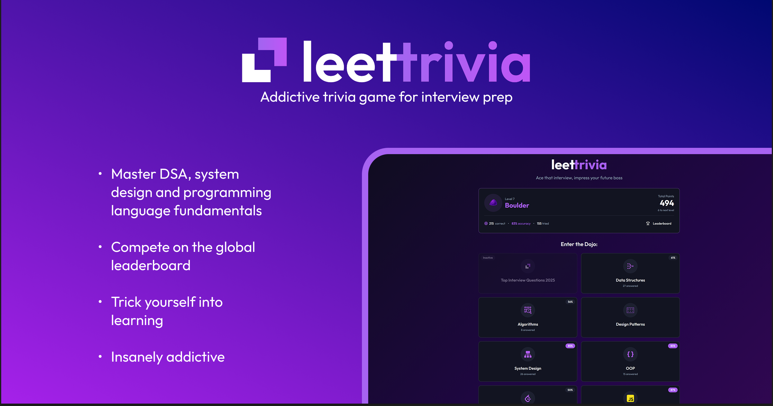 LeetTrivia - Main screenshot showing features and interface