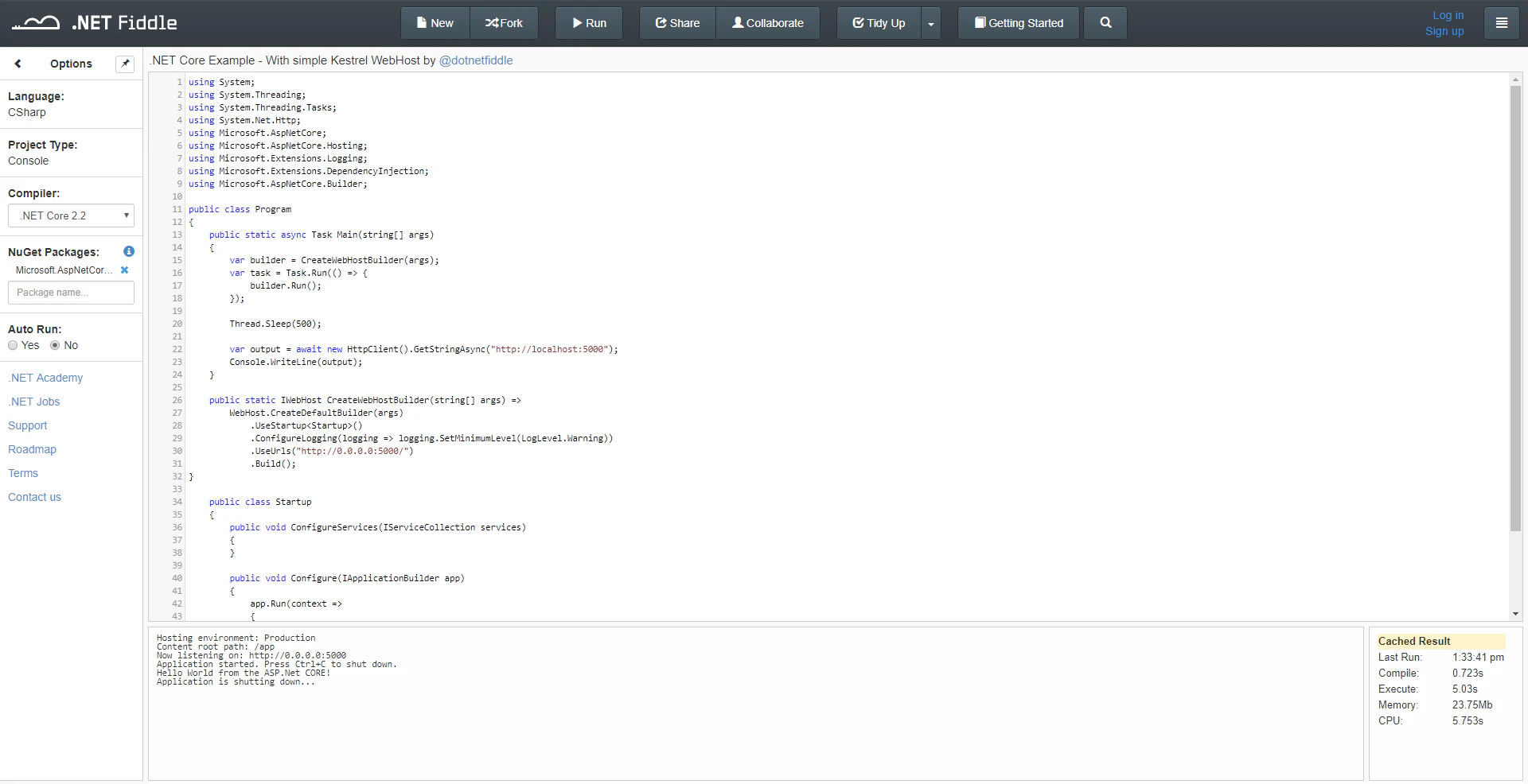 .Net core on .Net Fiddle