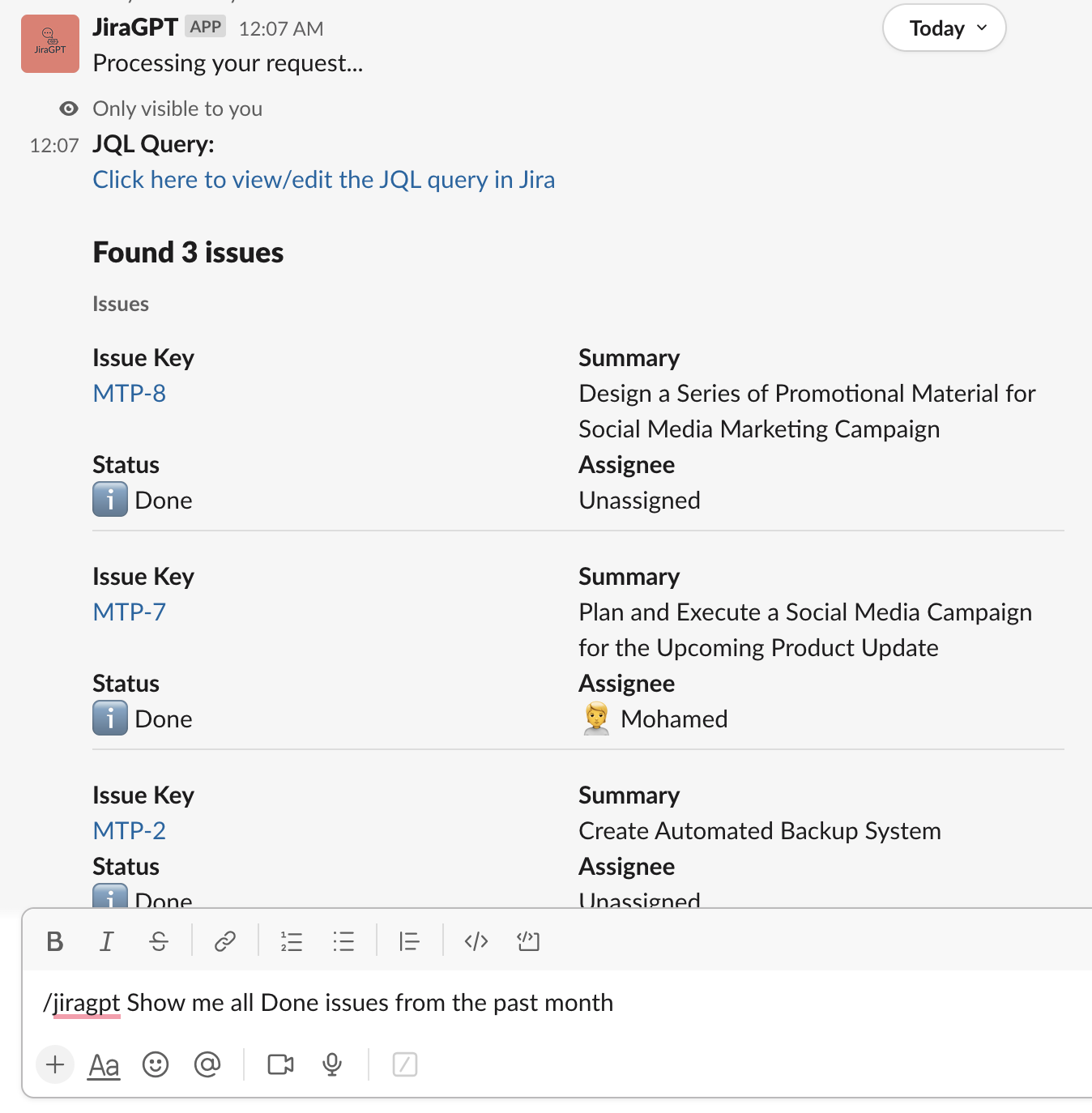 Jiragpat - Slack에서 자연어를 사용하여 Jira 문제를 검색하십시오 미디어 1