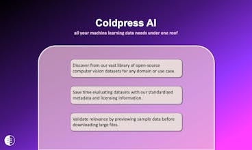 Coldpress AI 플랫폼의 스크린샷입니다. 사용자 친화적인 인터페이스와 간편한 클릭으로 표준화된 메타데이터에 접근하고 식별할 수 있다는 것을 강조하고 있습니다.