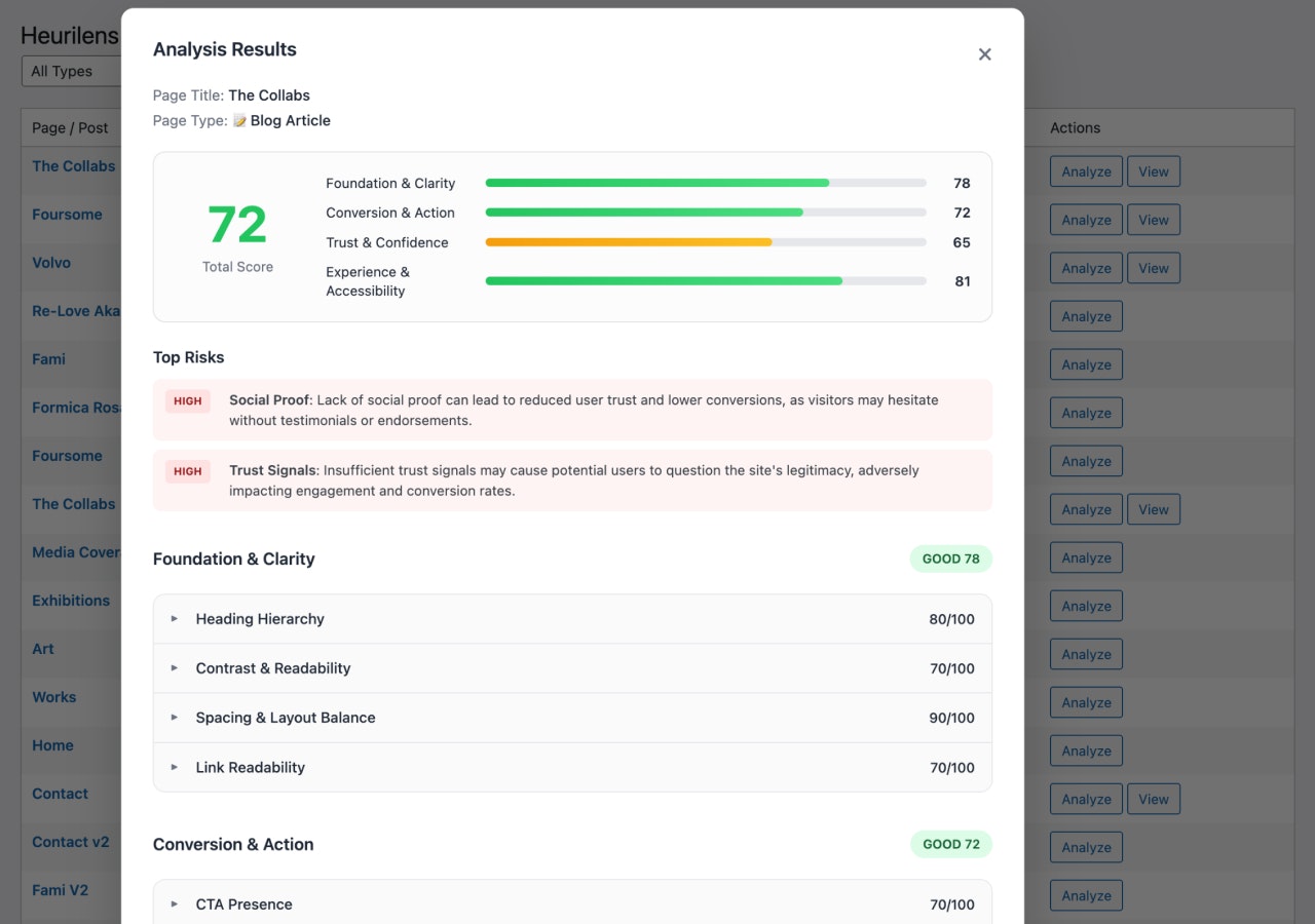 Heurilens UX Analyzer for WordPress - Screenshot 4 showing product features and functionality