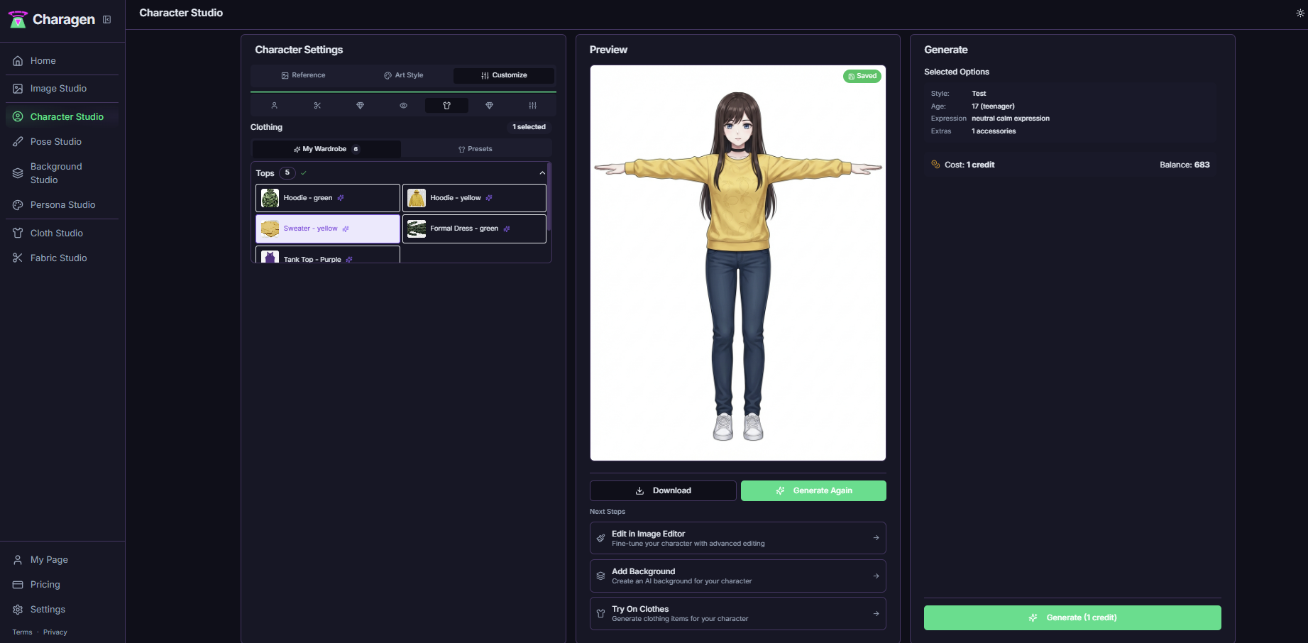 Charagen - Screenshot 2 showing product features and functionality