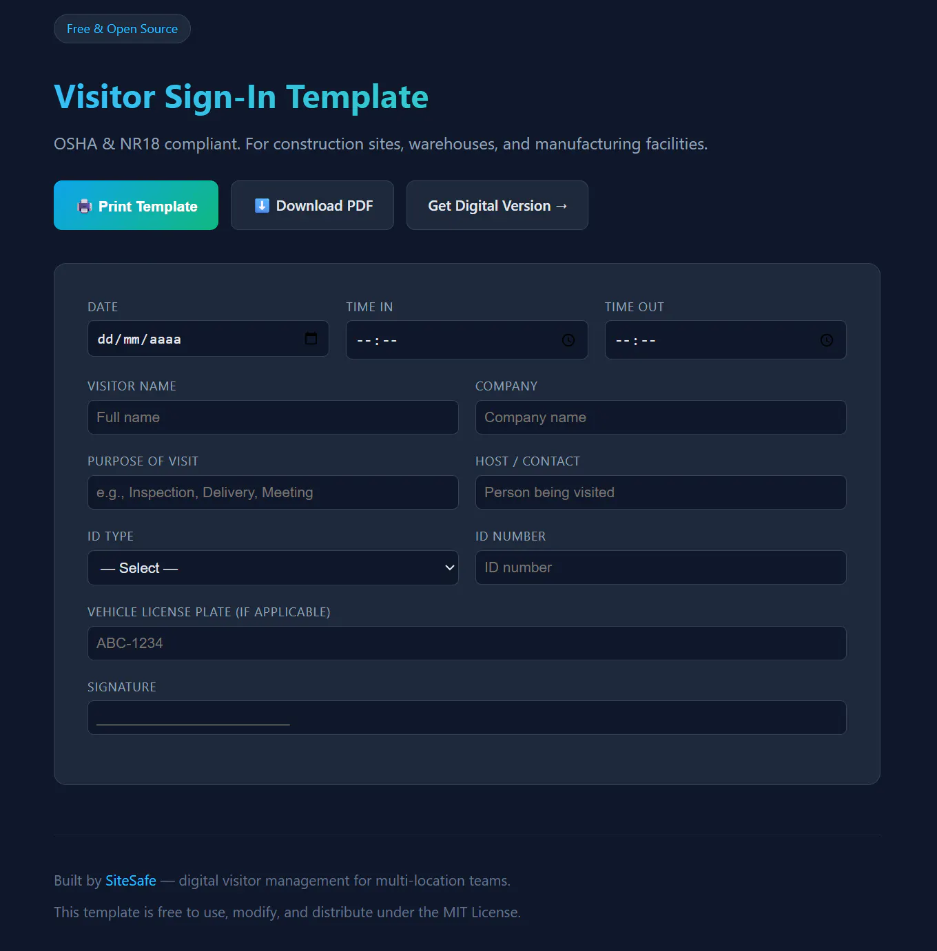 Free Visitor Sign-in  Template
