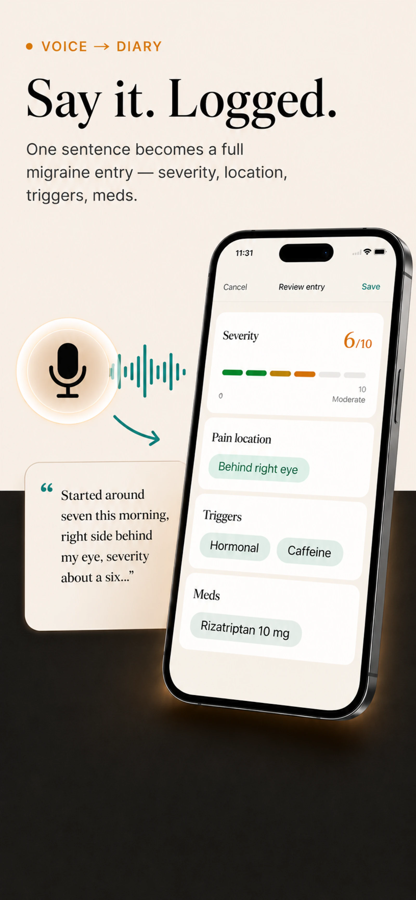 SereneHead: Voice-first migraine tracker screenshot 2