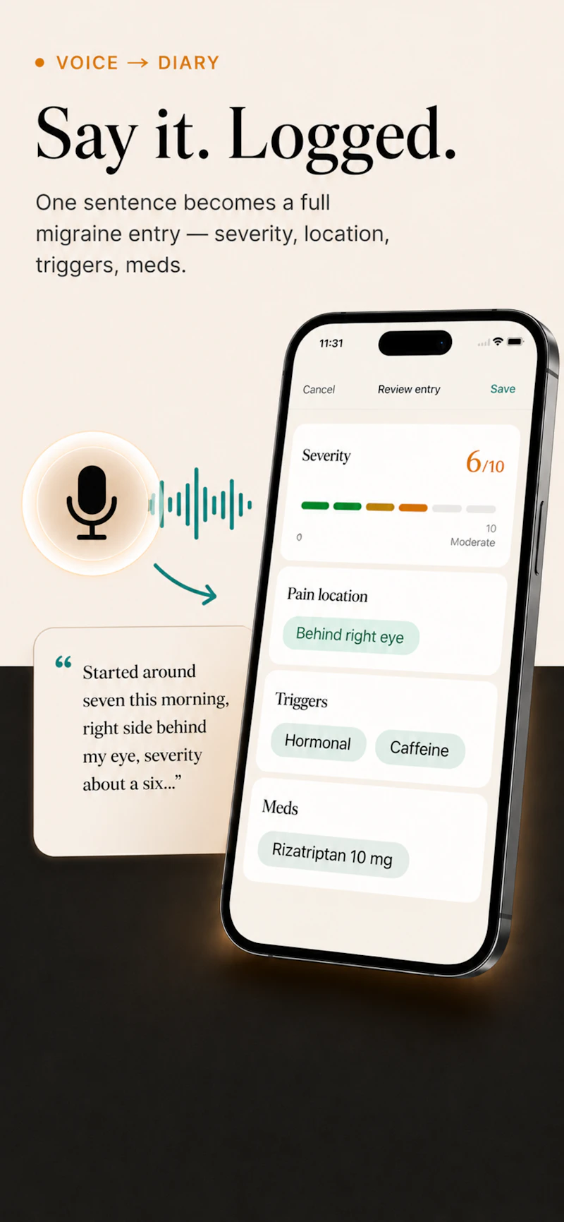 SereneHead: Voice-first migraine tracker screenshot 2