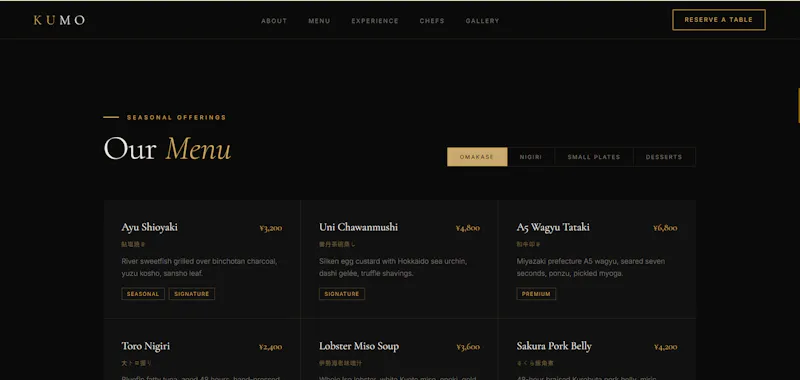 Kumo Restaurant Website Template screenshot 2