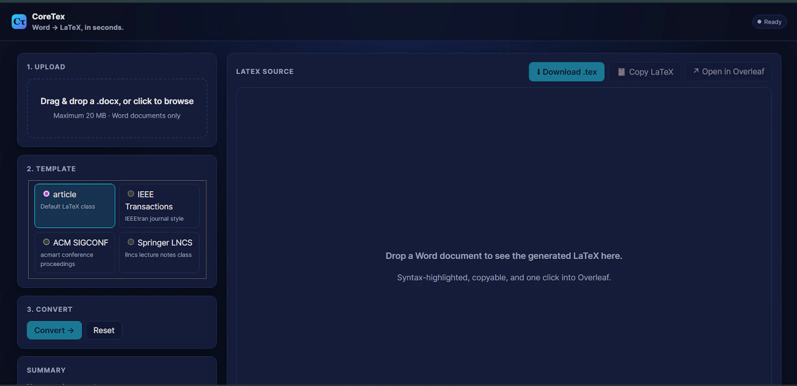 CoreTex · Word → LaTeX screenshot 2