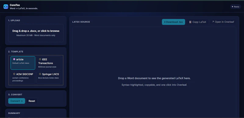 CoreTex · Word → LaTeX screenshot 2