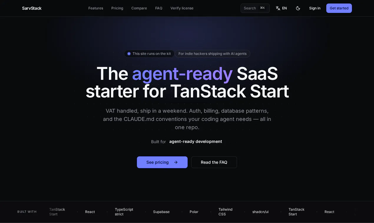 SarvStack - the agent-ready SaaS starter gallery image