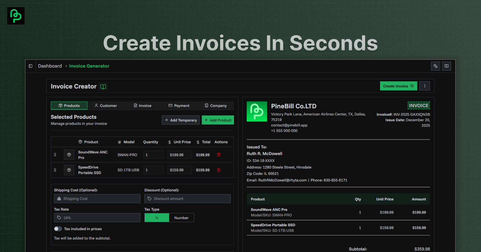PineBill - Main product screenshot demonstrating key features and user interface