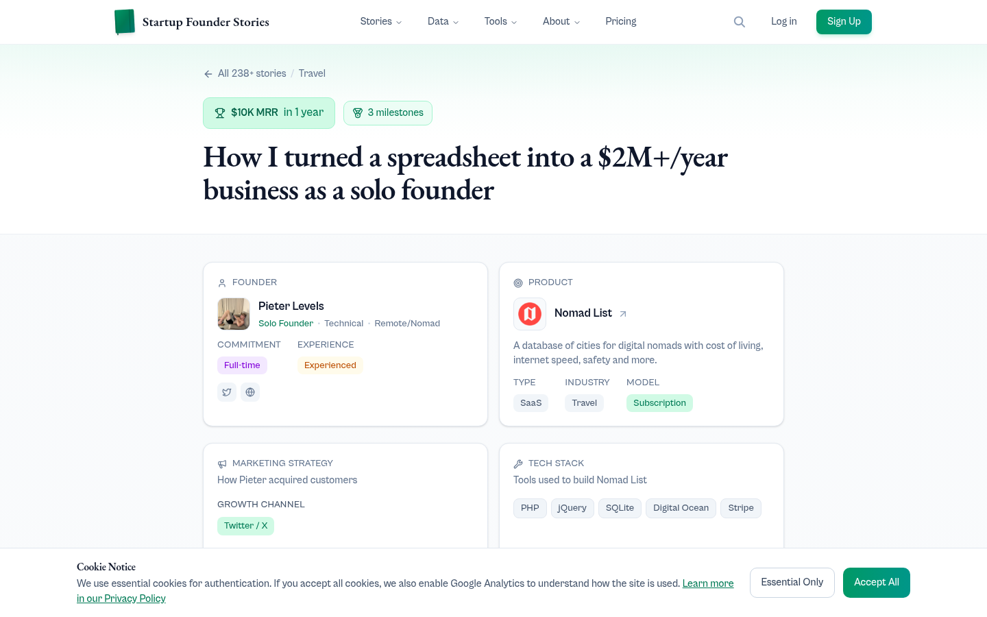 Startup Founder Stories - Main product screenshot demonstrating key features and user interface