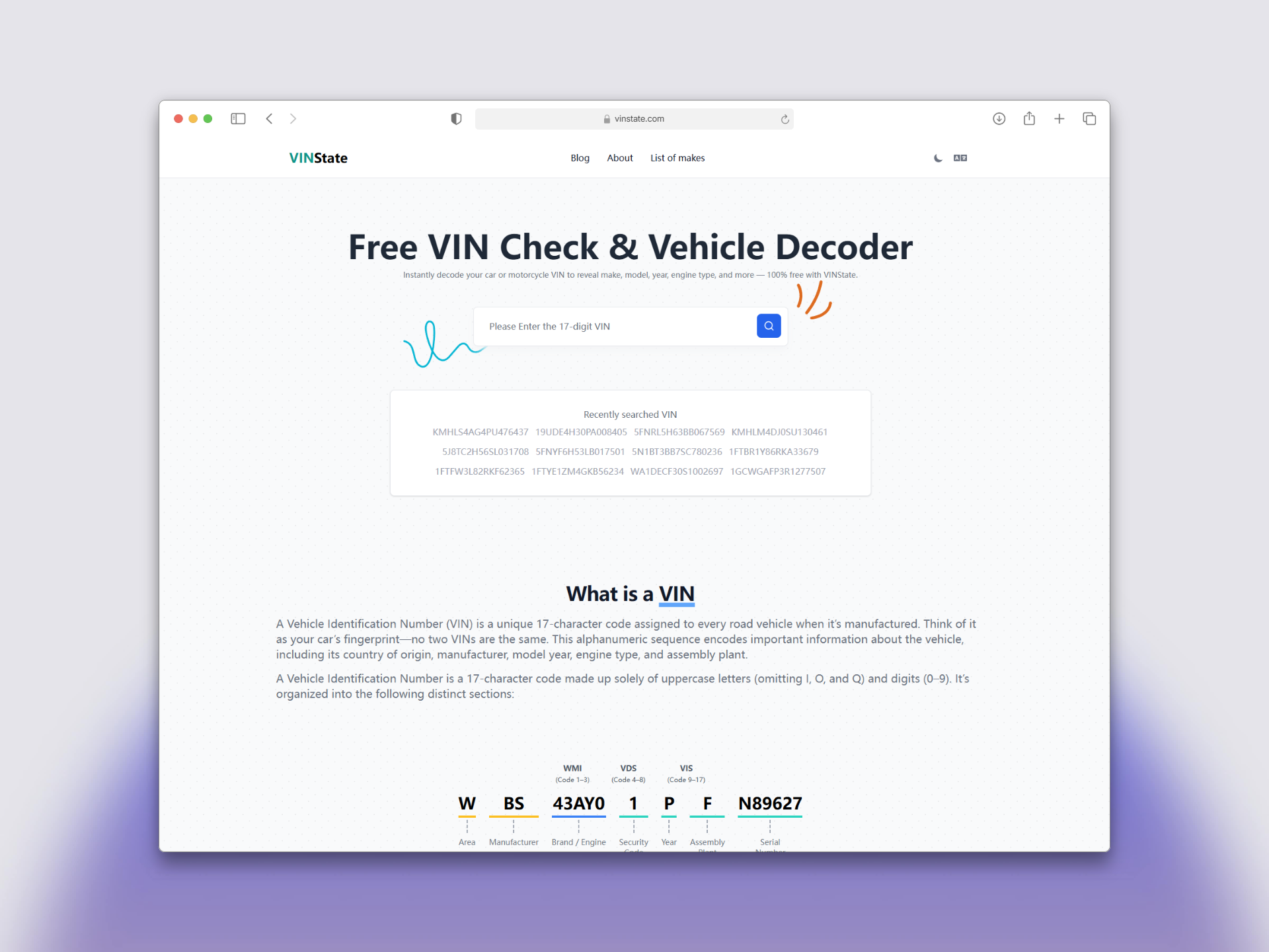 VINState - Free VIN Decoder - Main product screenshot demonstrating key features and user interface