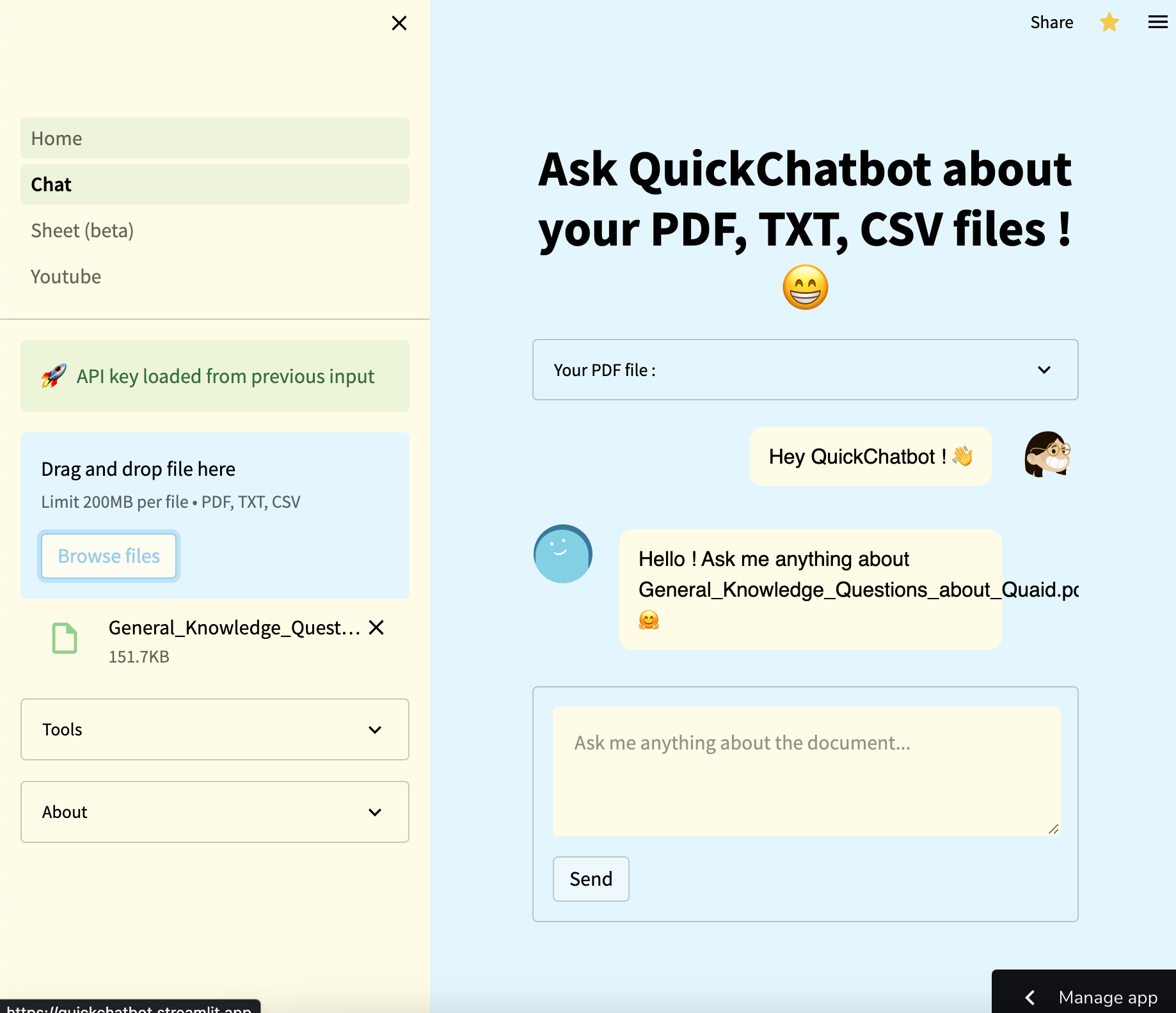 Média Quickchatbot - Openai Chat PDF |Chatgpt CSV |Résumé de YouTube Chatgpt 6