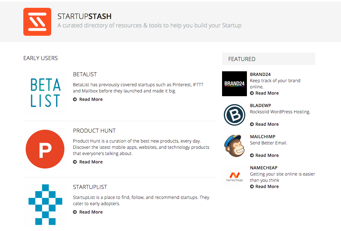 Screenshot of the Startup Stash homepage showing its grid-based layout of tool categories.