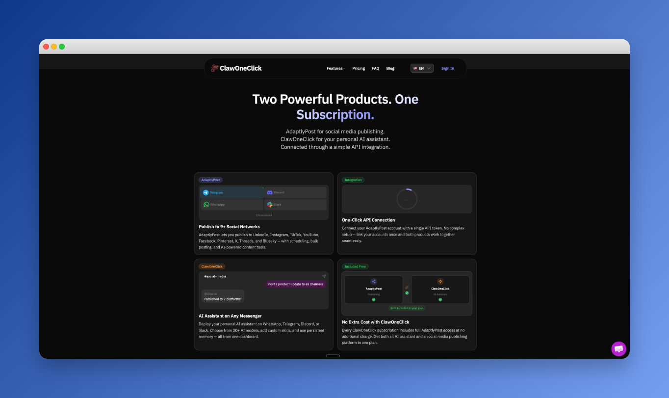 ClawOneClick X AdaptlyPost - Screenshot 3 showing product features and functionality