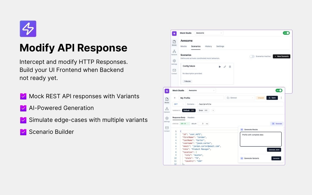 Mock Studio: AI Powered API mocking tool - Main product screenshot demonstrating key features and user interface