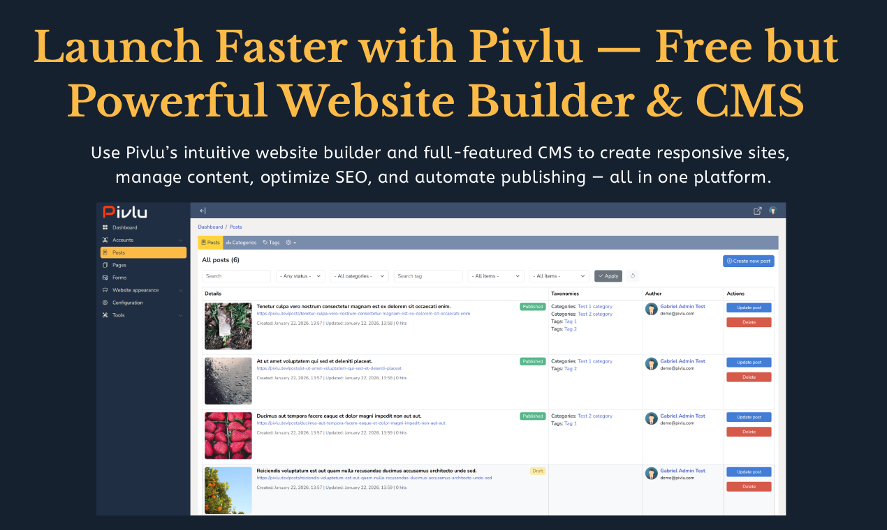 Pivlu CMS and Website Builder - Main product screenshot demonstrating key features and user interface