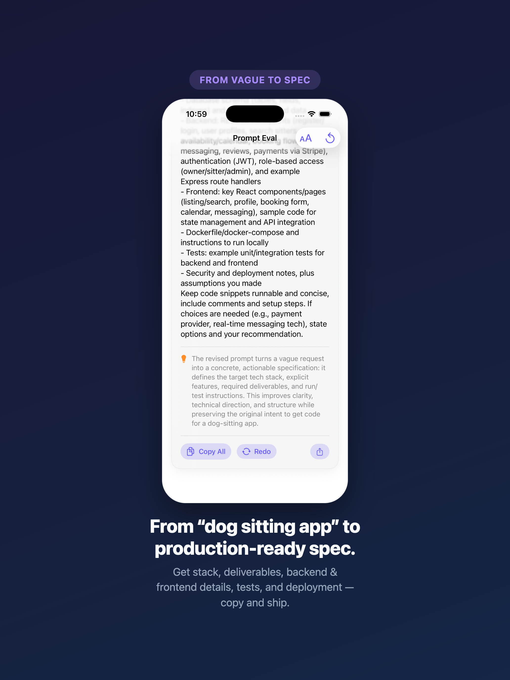 Prompt Eval - Screenshot 2 showing product features and functionality
