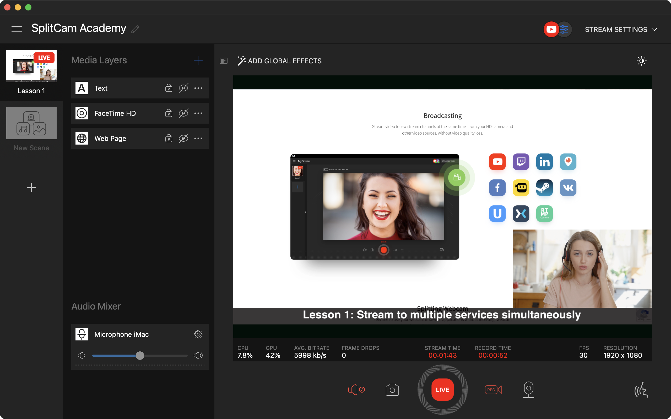 Splitcam - Software in studio multi-streaming live gratuito e potente media 4