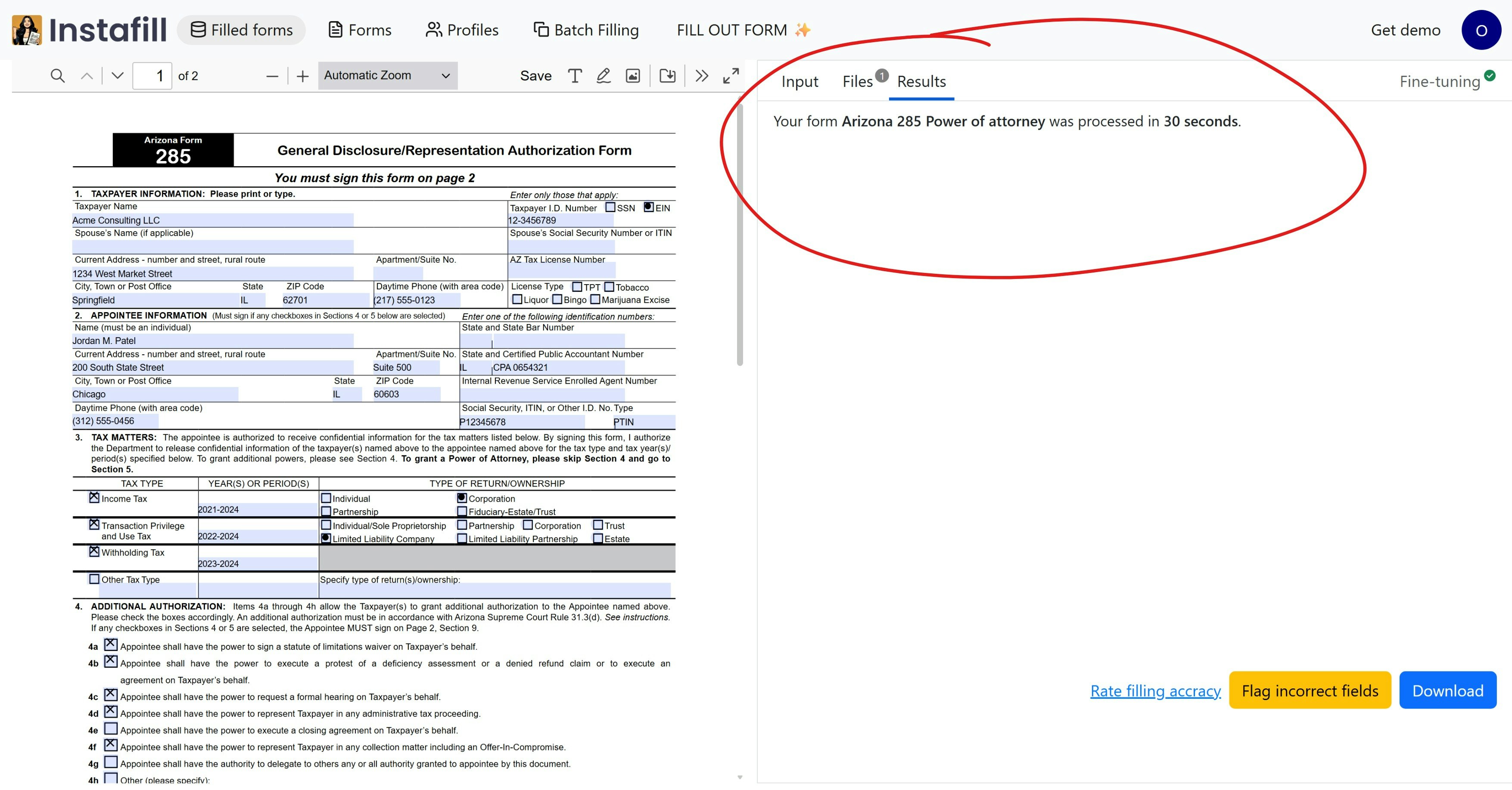 Instafill.ai - Main product screenshot demonstrating key features and user interface