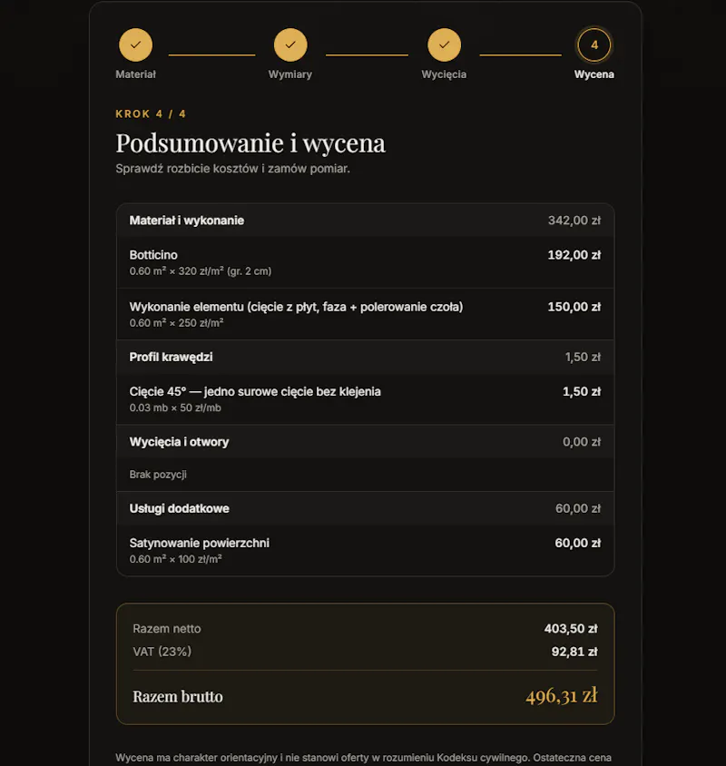 Kalkulator wyceny blatów kamiennych screenshot 3