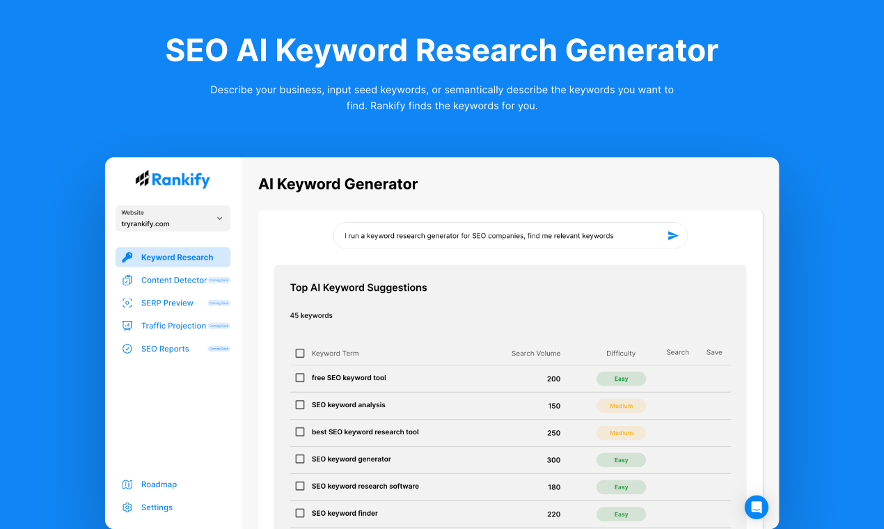 rankify - Instant AI SEO keyword research generator