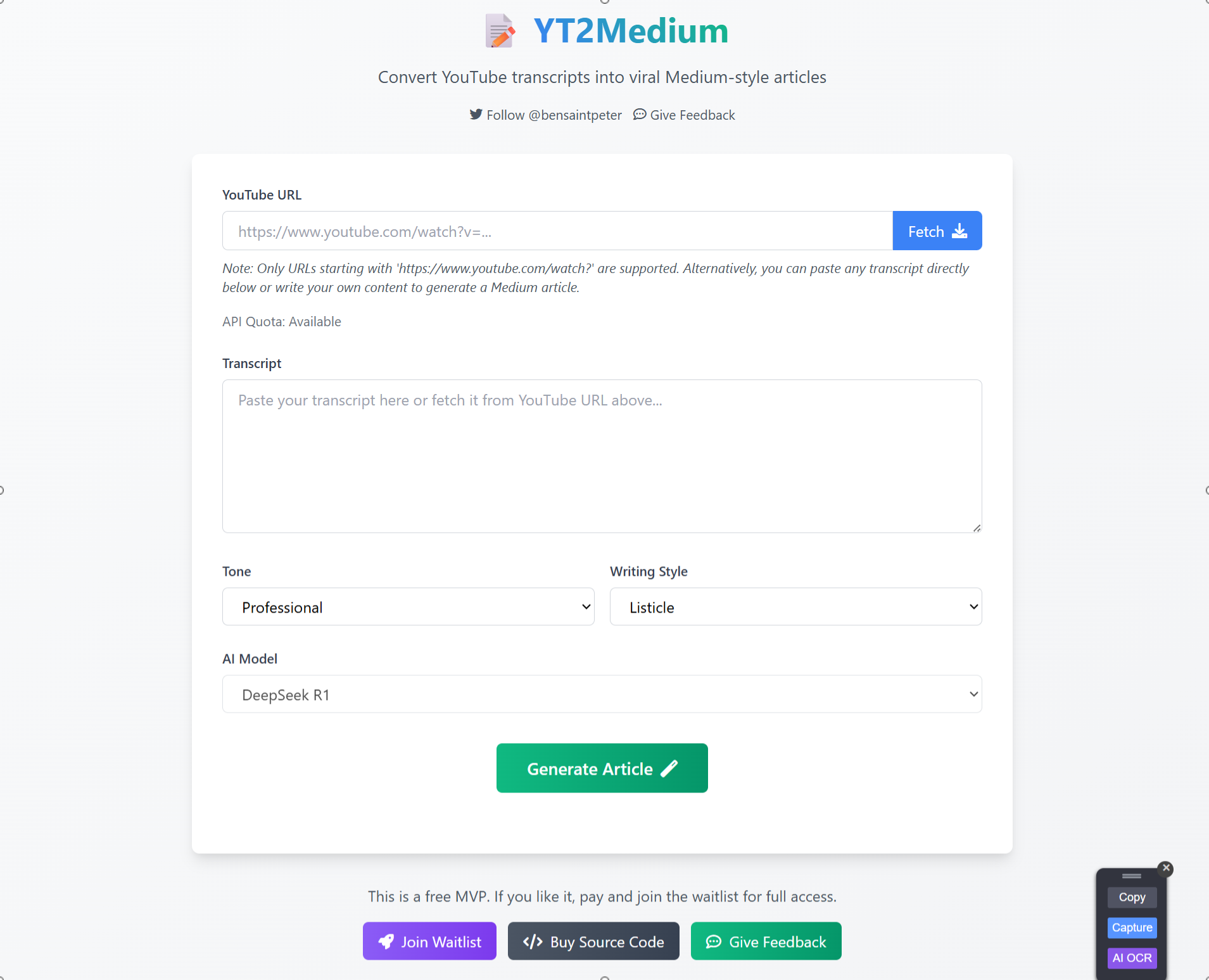 Media Yt2medium - Biến bảng điểm YouTube thành các bài viết trung bình với AI 2