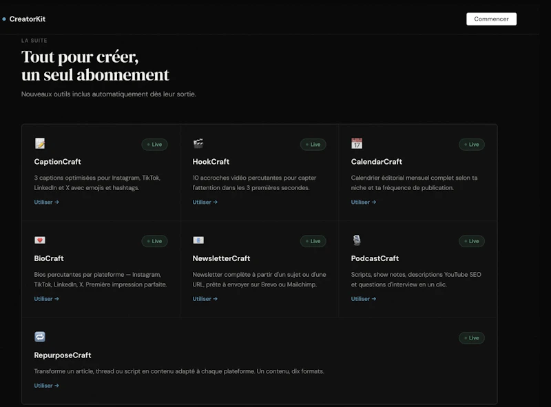 CreatorKit — Suite IA pour créateurs FR screenshot 1