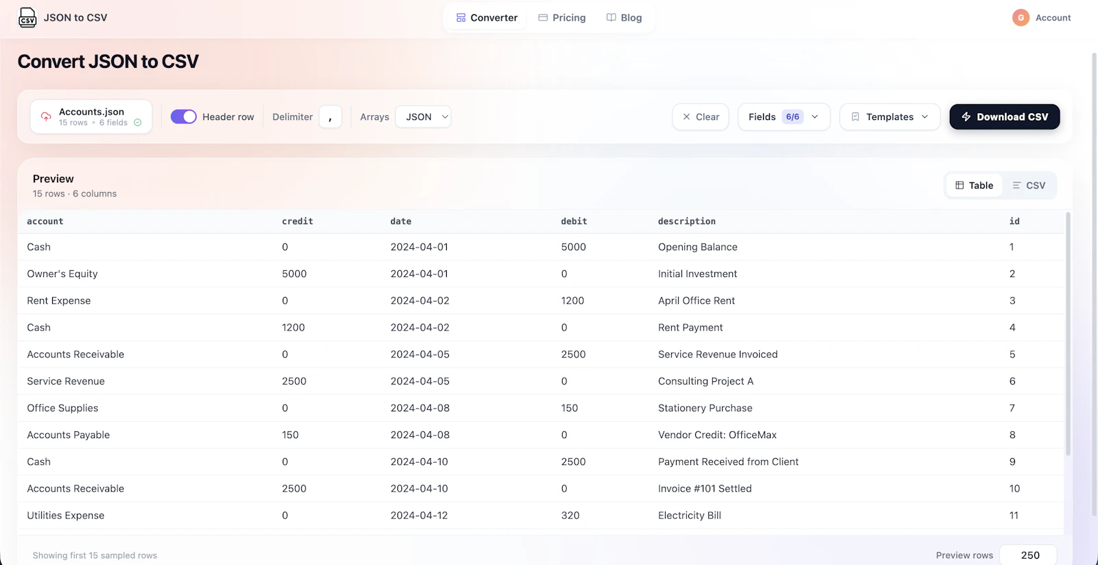 JSON to CSV screenshot 1